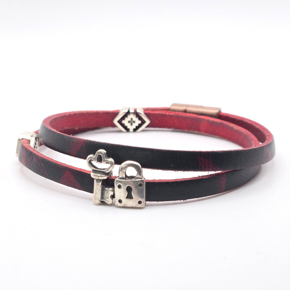 Cripple Creek Red Italian Leather Wrap Silver Plate Lock Key South Western Charm